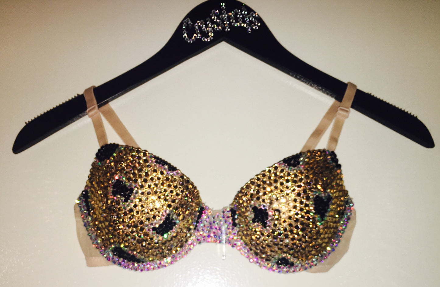 Crystal Rhinestone Leopard Print Design T-Shirt Bra In Nude