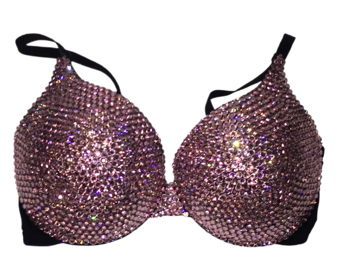 Light Rose Pink Rhinestone Crystal Plunge T-Shirt Bra In Black
