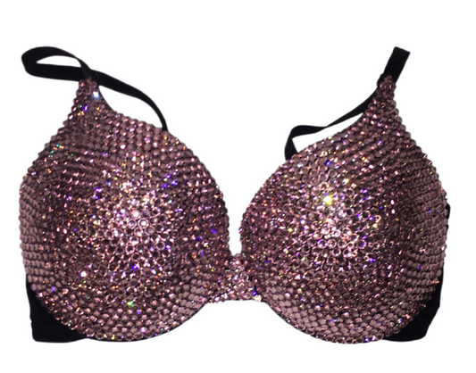 Light Rose Pink Rhinestone Crystal Plunge T-Shirt Bra In Black