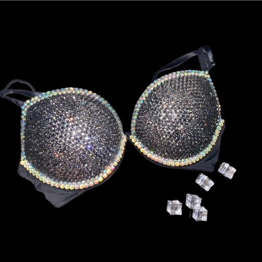 Black Diamond And Crystal AB Iridescent T-Shirt Bra In Black