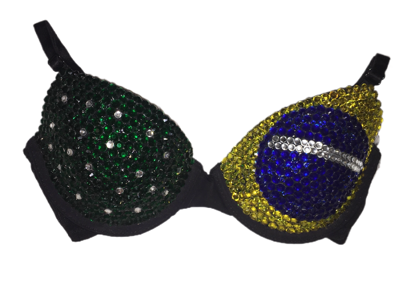 Green Yellow & Blue Crystal Rhinestone Brazil Theme T-Shirt Bra In Black