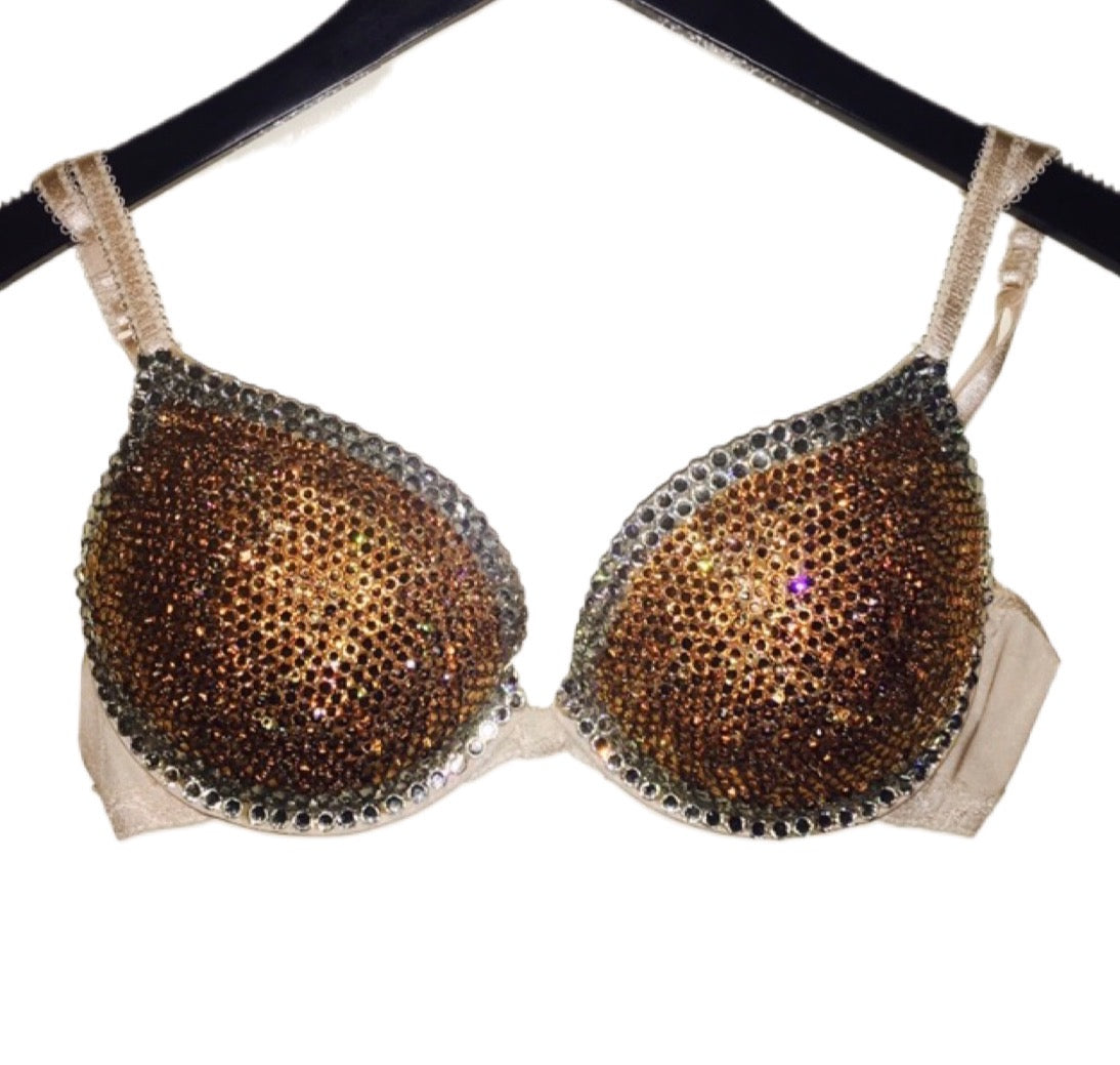 Champagne Gold & Crystal Duo Crystal Rhinestone T-Shirt Bra In Nude
