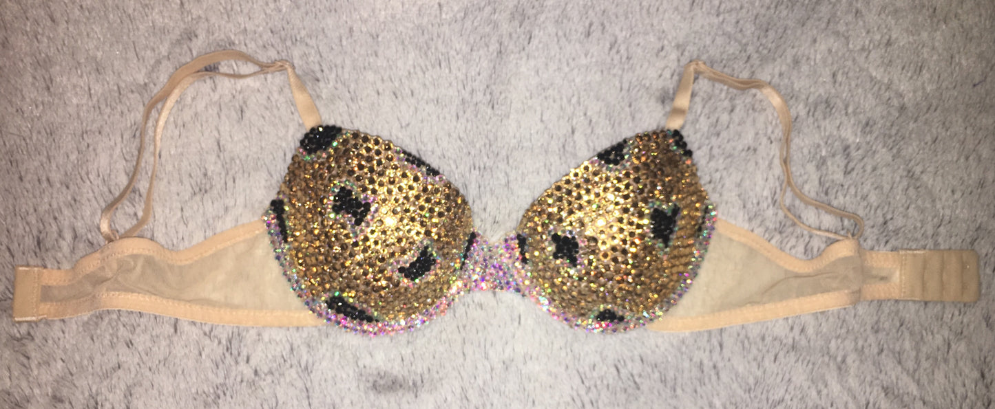 Crystal Rhinestone Leopard Print Design T-Shirt Bra In Nude