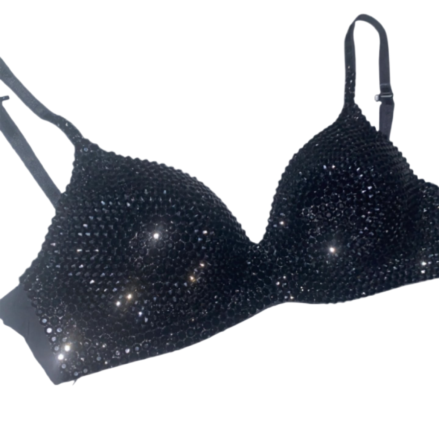 Jet Black Crystal Rhinestone Wireless Bra In Black