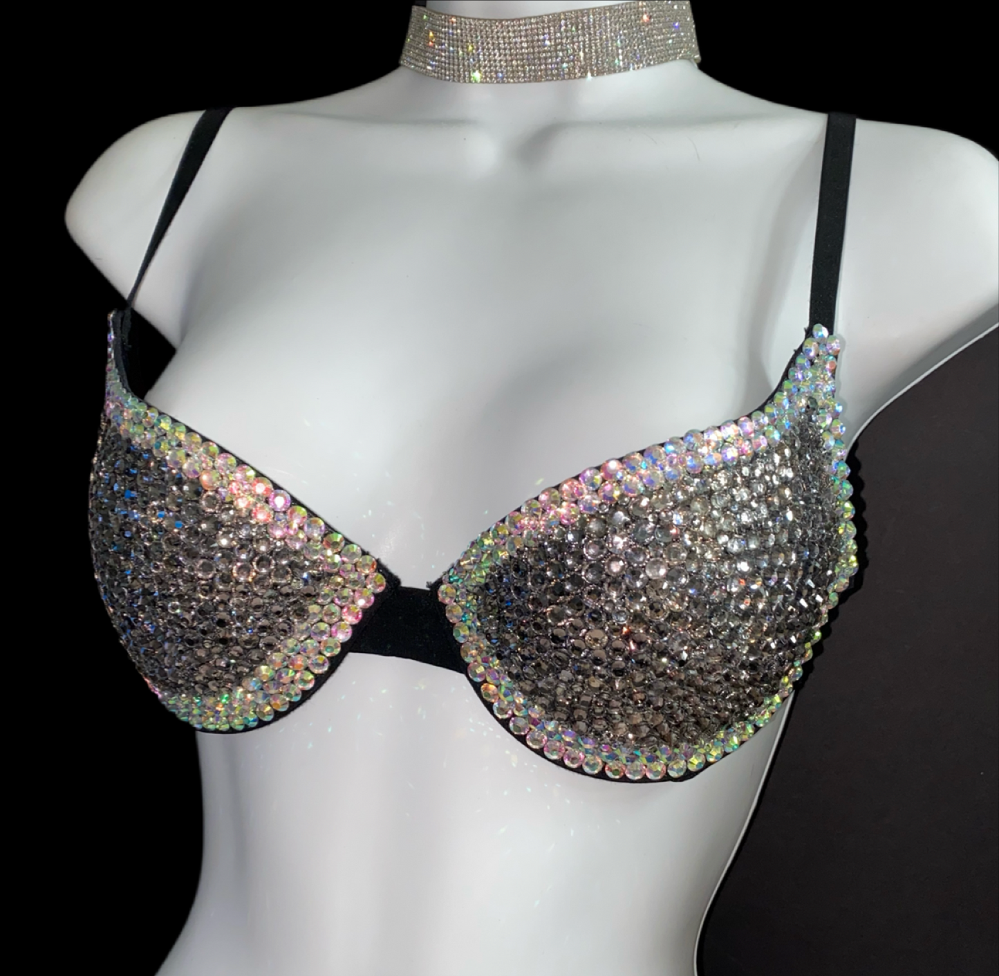 Black Diamond And Crystal AB Iridescent T-Shirt Bra In Black