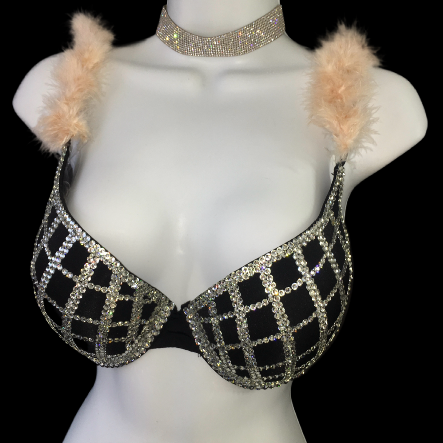 Luxe Diamond Crystal Squares With Feather Straps T-Shirt Bra In Black