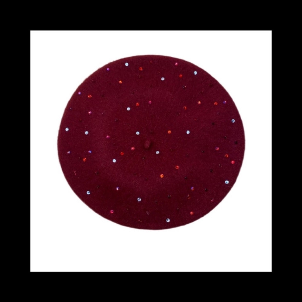 Beret Hat In Burgundy Red With Red Tone Luxe Crystals