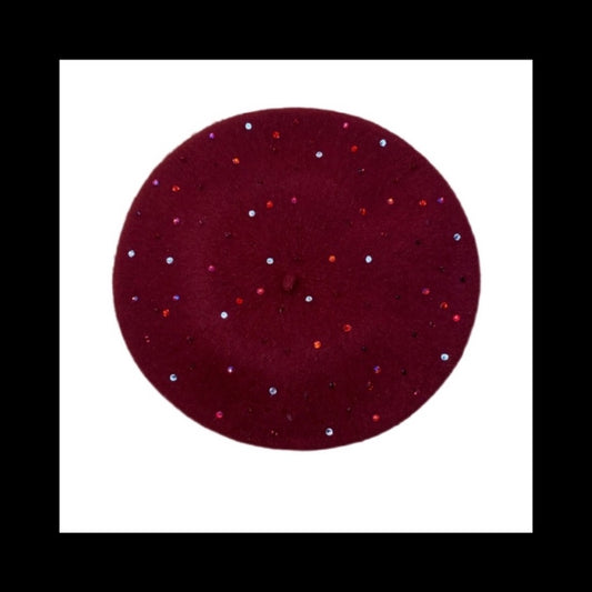 Beret Hat In Burgundy Red With Red Tone Luxe Crystals