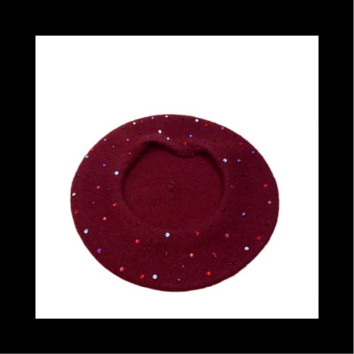 Beret Hat In Burgundy Red With Red Tone Luxe Crystals