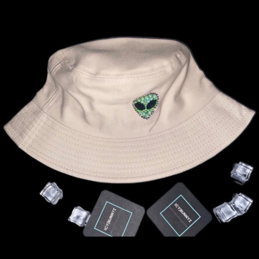 Luminous Green Rhinestones Alien Beige Bucket Hat
